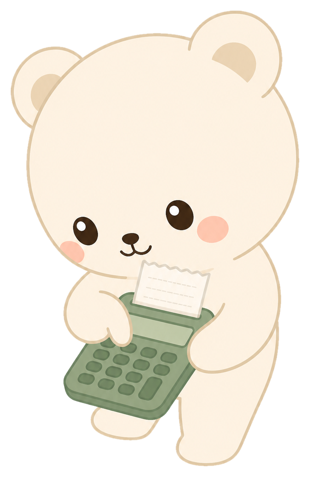 세나, 카인드셈 마스코트. 크림색 곰이 세이지 계산기 버튼을 누르며 세고 있습니다.